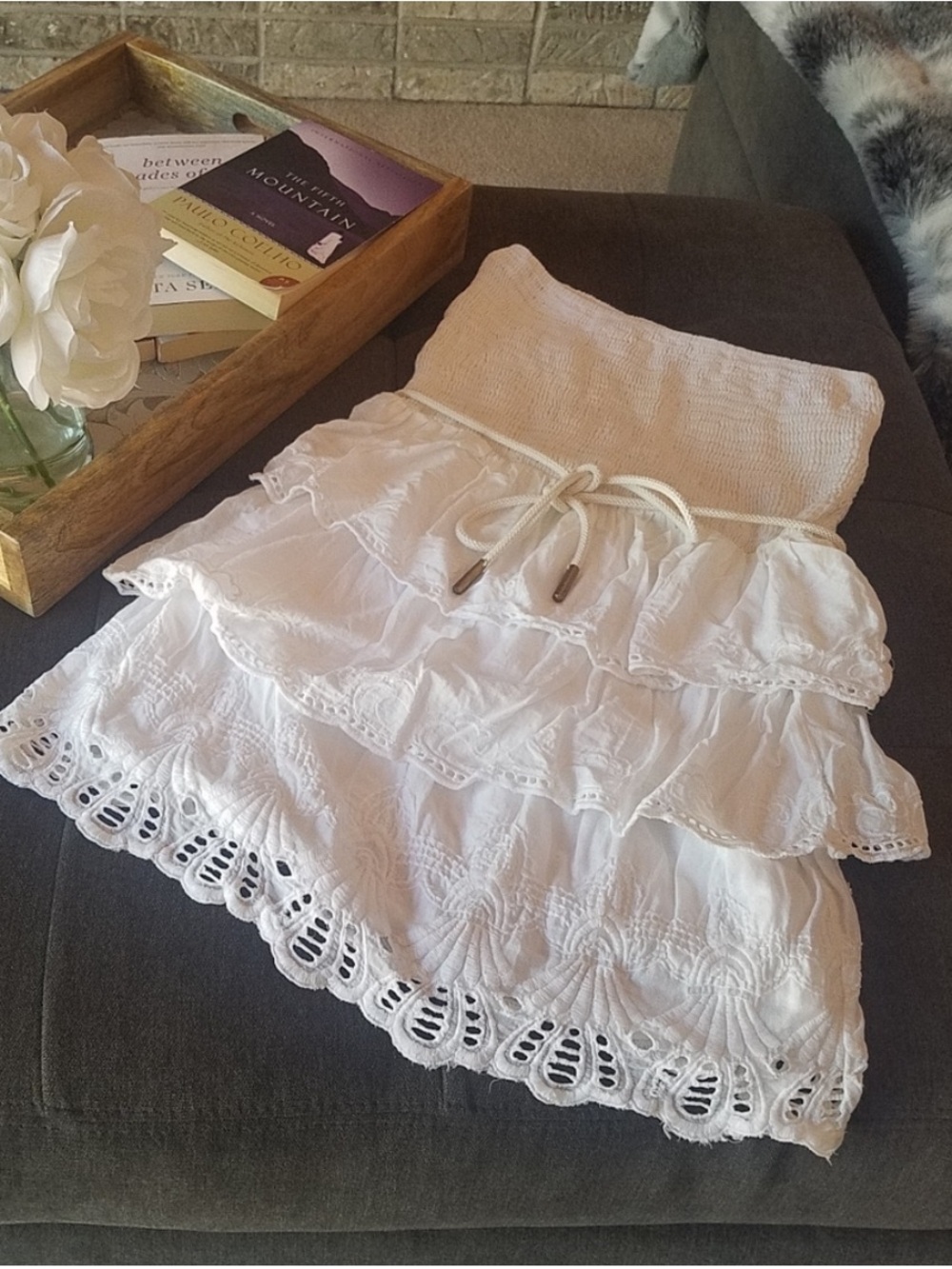 Bershka Cream Strapless Smocked Embroidered Ruffle Layers Tube Top from Spain